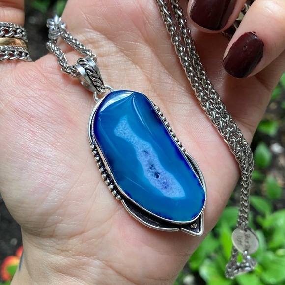 925 sterling silver overlay charm blue geode agate slice gemstone boho necklace - Picture 12 of 15